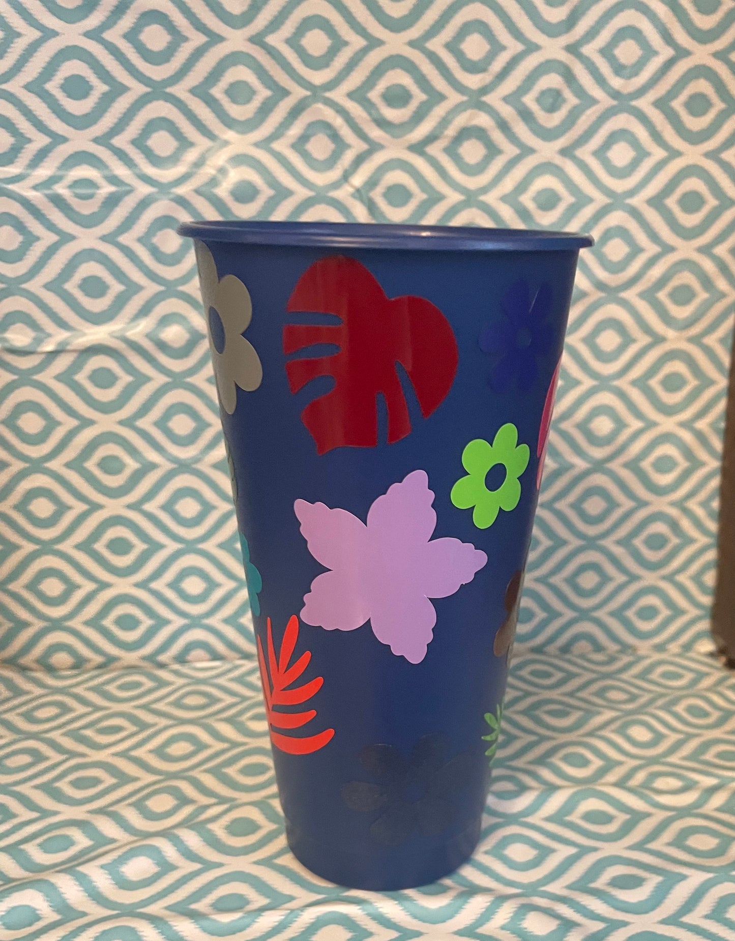 Flowers and leaves cold cup navy blue