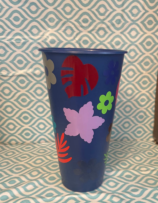 Flowers and leaves cold cup navy blue