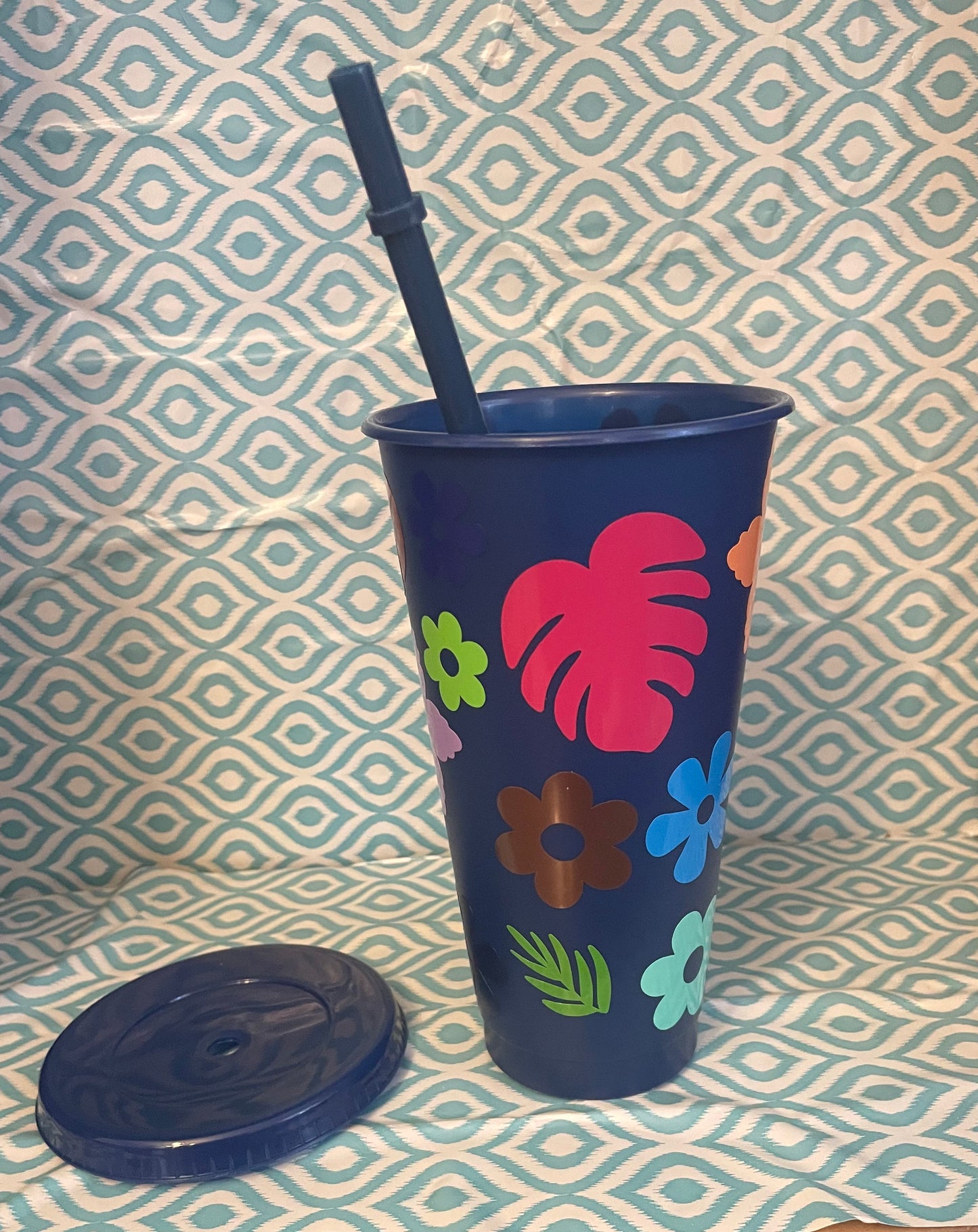 Flowers and leaves cold cup navy blue