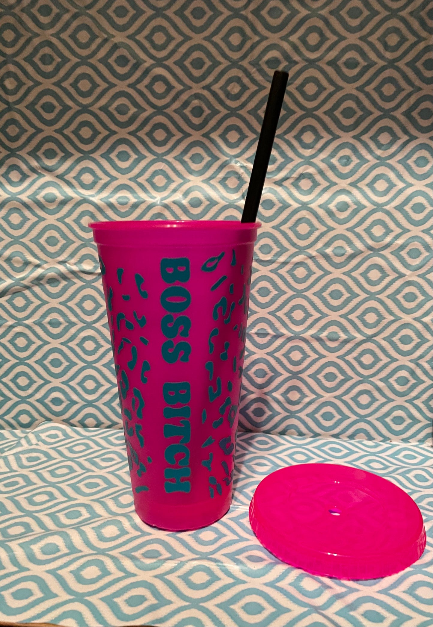 Teal Boss bitch cheetah print cold cup pink