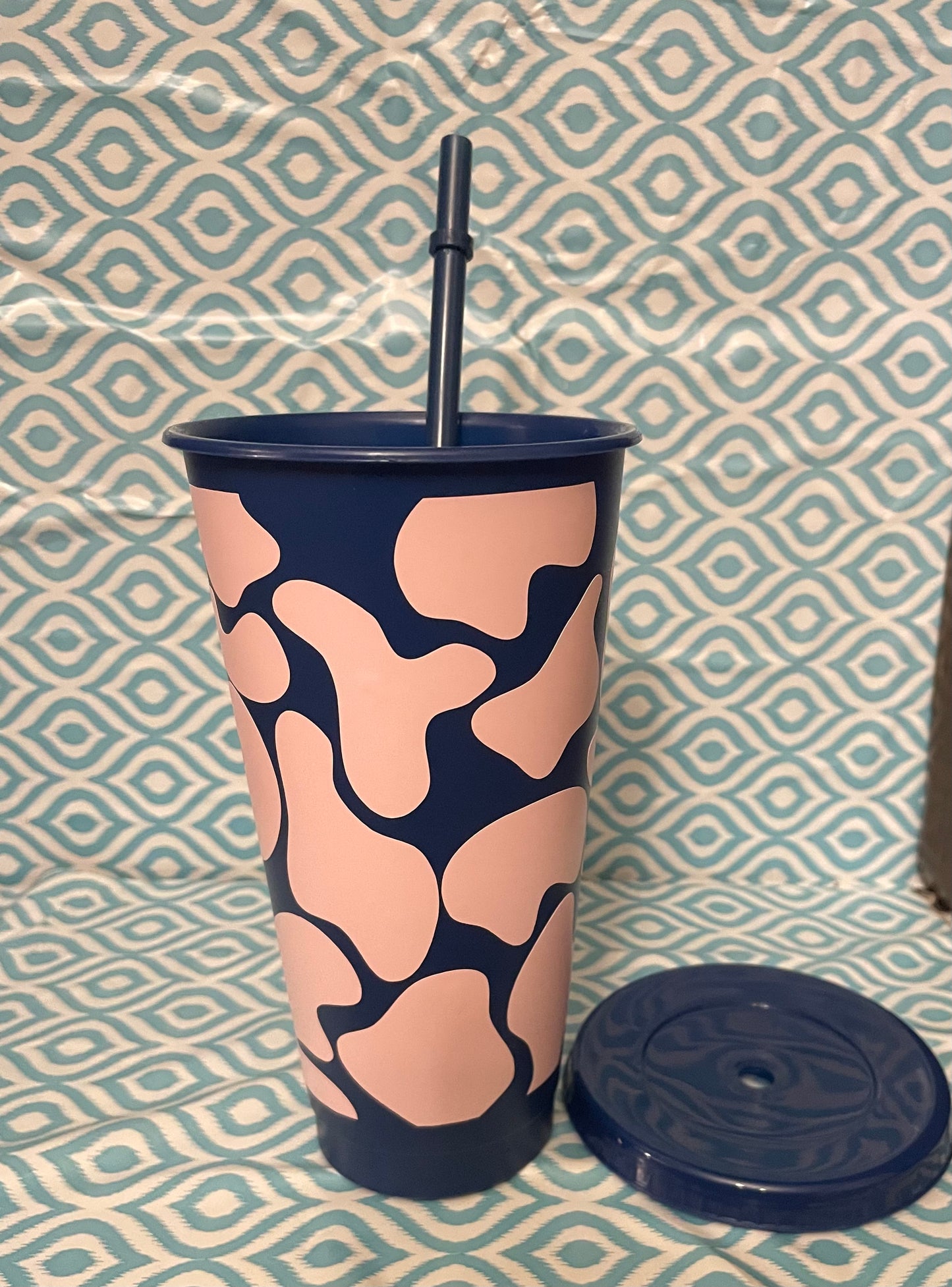 Light pink cow print cold cup navy